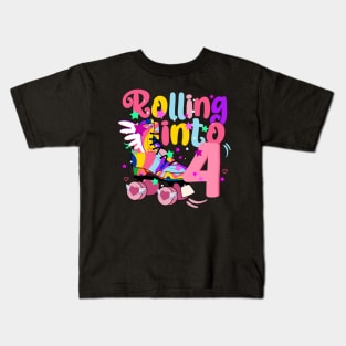 rolling into 4 - 4th birthday girl roller skates theme party Kids T-Shirt